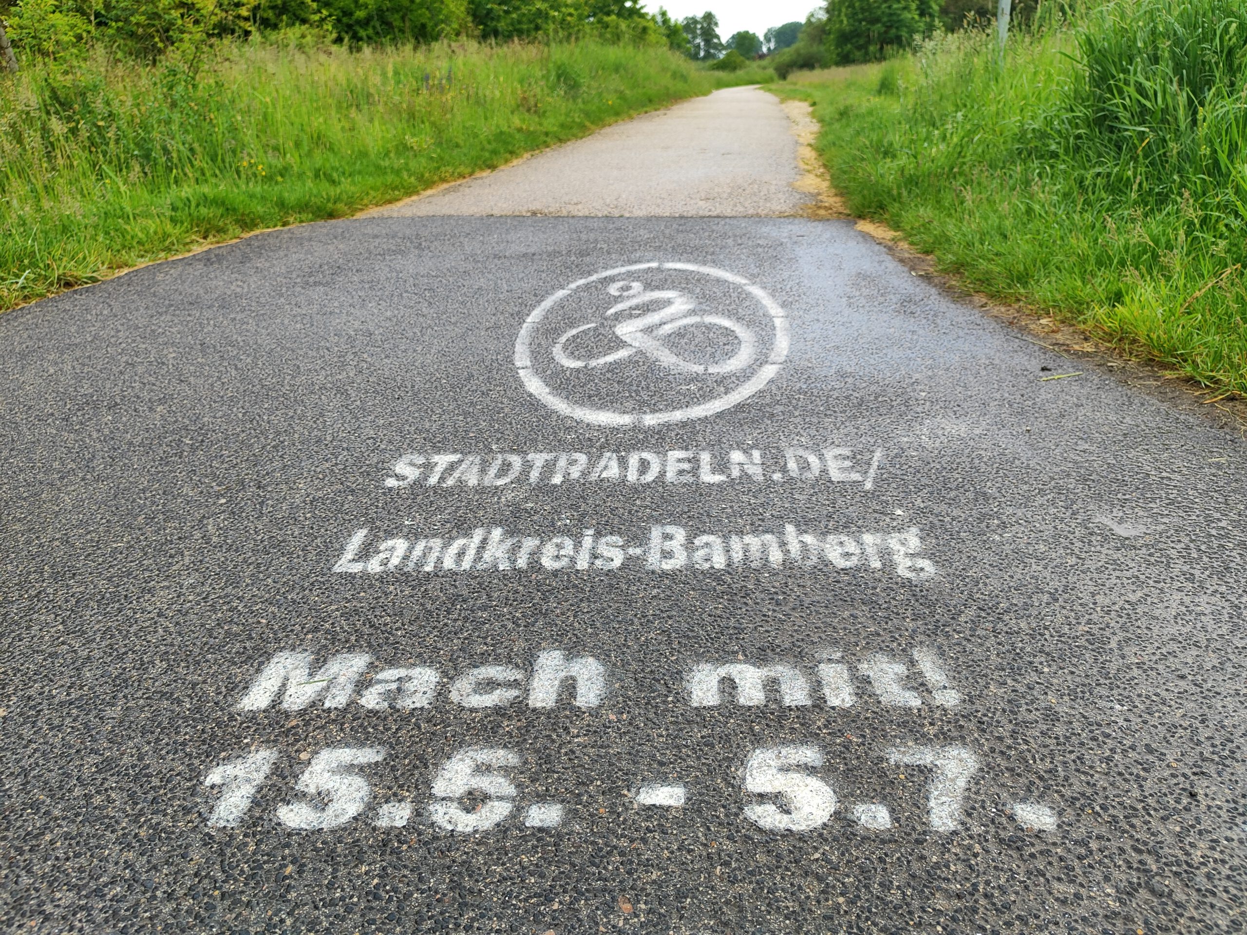 Der Landkreis Bamberg macht mit einem auf den Radweg gesprayten Kreidelogo auf die STADTRADEL-Aktion aufmerksam. Foto: A. Schmitt